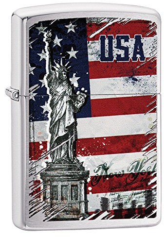 Zippo Sturmfeuerzeug - Statue of Liberty Flag - Brushed Chrome mit Color Image - Nachfüllbar - Wiederverwendbar - Windfestes Design - Geschenkbox - Made in USA