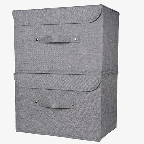 Magenta Magpie Grey Fabric Storage Boxes with lids. Stackable and Foldable. For wardrobes, shelves, clothes, bedroom, office, cupboard, keepsake memory box, crafts, toys, shoes, socks. 2pk 37x25x25cm