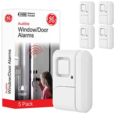 GE Personal Security Window and Door Alarm, 5 Pack, DIY Protection, Burglar Alert, Wireless Chime/Alarm, Easy Installation, Home Security, Ideal for Home, Garage, Apartment and More,White, 45987