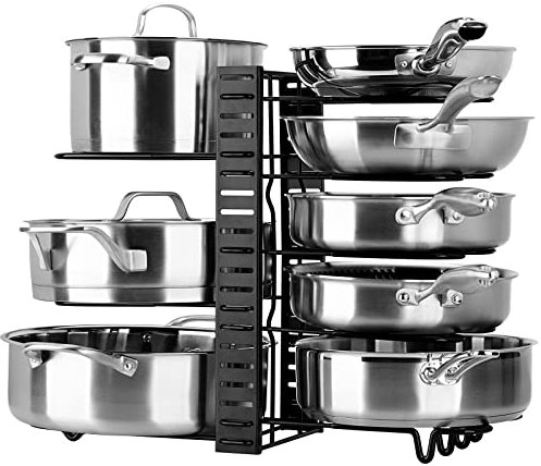 Toplife Pan Organiser Rack with 3 DIY Methods, Height Adjustable Kitchen Pan Stand Storage Holder, Black