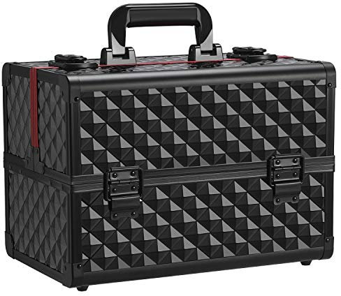 Yaheetech Large Cosmetic Case Professional Makeup Box Beauty Case Jewellry/Nail Polish Storage Box with Adjustable Dividers, Black/Red