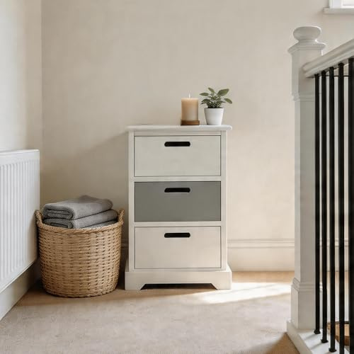 Home Source Chest Bedside Table, Wooden Home Storage Organiser, White and Grey, 3 Drawer