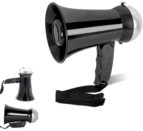 FISHTEC - Einziehbare Mini Megaphon - Leistungsstarke Sprachtür 5W - Lautsprecher und Sirene Funktion - Einstellbare Lautstärke - Funktioniert mit 6 AA Batterien - 17cm Länge - Schwarz und Silber