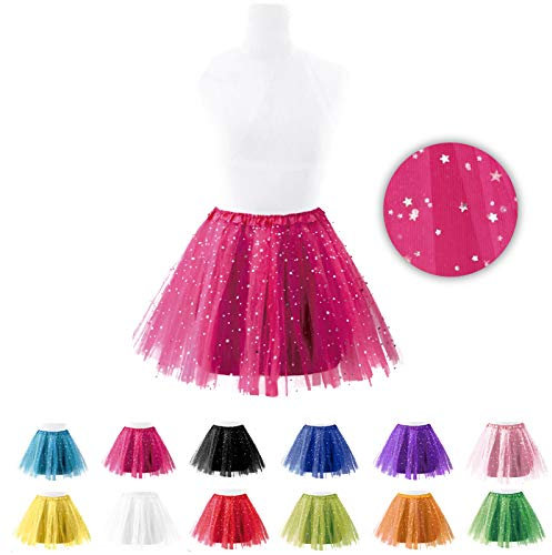 Tutu Donna Fucsia Gonna Danza di Tulle con Glitter Stelle Balletto Danza【Taglia Adulto Lunghezza 40 cm】 Tutù Colori per feste di costumi Principesse Fate Unicorni Ballerine