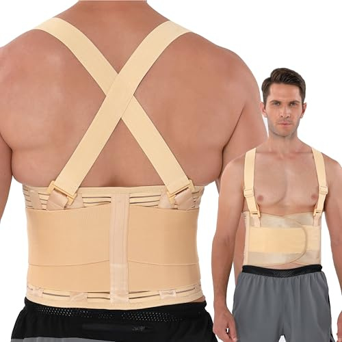 Neotech Care Back Support Belt with Braces for Work - Industrial Lifting Support, Elastic Compression, Hook & Loop Fastening (Beige, Size M)