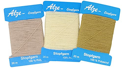 3er Set Stopfgarn | zum Stopfen und ausbessern von Löchern, Laufmaschen und bei Strickwaren | auch als Beilaufgarn zu verwenden | 20 Meter pro Karte | 100% Polyacryl (Beige - Gelb- Ecru)