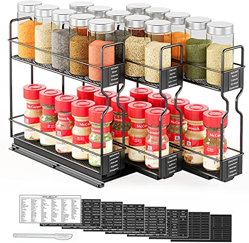SpaceAid Ausziehbares Gewürzregal für Schrank, robuster ausziehbarer Gewürz-Küchen-Organizer, Schrank-Organizer, mit Etiketten, 19,6 cm B x 27,7 cm T x 25,4 cm H, 3 Schubladen, 2 Ebenen