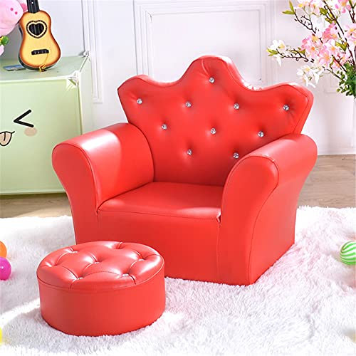 JHKGY Kindersofastuhl,Kindersofa Mit Fußhocker,Gepolsterte Couch Für Kleinkinder Mit Holzrahmen,Kindersessel Crown,Kinderstuhl Aus PVC-Leder,Für Wohnzimmer Schlafzimmer,Rot