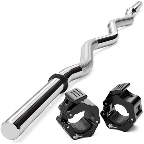 POUDI SPORT 1 Curlstange / EZ Hantelstange aus verchromtem Stahl 120cm | Ø : 30mm | 2 schwarz Hantelverschlüsse + 2 abnehmbare Gummiringe