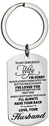 Keychain Girls, Motorcycle Keychain Silver Engraved to My Gorgeous Wife I'Msorry Stainless Steel 22X39MM for Men Women Friend