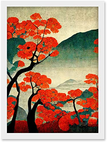 Doppelganger33 LTD Modern Japanese Red Maple Trees On Hillside Artwork Framed Wall Art Print A4