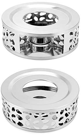 QWORK Tea Kettle Warmer, 2 Pack Brushed Stainless Steel Tea Kettle, Hollow Frame, with Tea Candle Holder, Fits Most Teapots, Silver