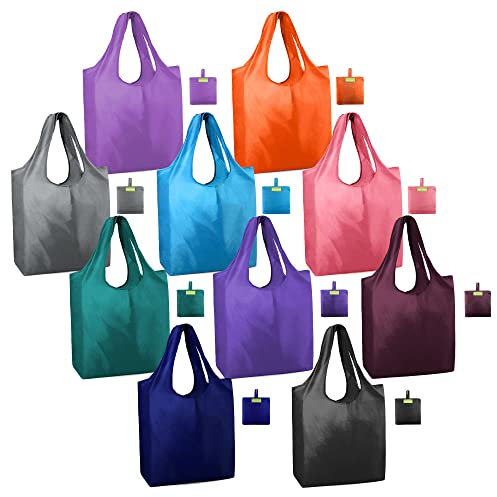 BeeGreen Extra große Einkaufstaschen mit Griffen, robust, faltbar, maschinenwaschbar, Ripstop-Polyester, 10 Stück in Schwarz, Grau, Weinrot, Marineblau, Lila, Rosa, Grün, Blau, Orange