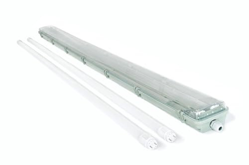 LED-Set: 1x Feuchtraumleuchte IP65 2x150 cm + 2x LED-Röhre T8 24W 150 cm – neutralweißes Licht 4000K – kompakte Bauweise – Garagen- und Werkstattbeleuchtung – feuchtigkeits- und staubresistent – IP65