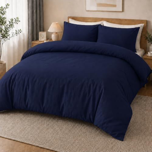 MOONLIGHT20015 Double Duvet Set Brushed Microfibre Navy Bedding Sets | Premium Quilt Cover with 2 Pillow Cases, Breathable Solid Soft Bed Set, Machine Washable - Homes and Hotels Quality