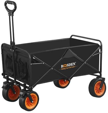 BOOSDEN Bollerwagen faltbar, Strandwagen mit Seitentasche, Feststellbremse, Faltbar Handwagen für Camping, Garten, Einkauf
