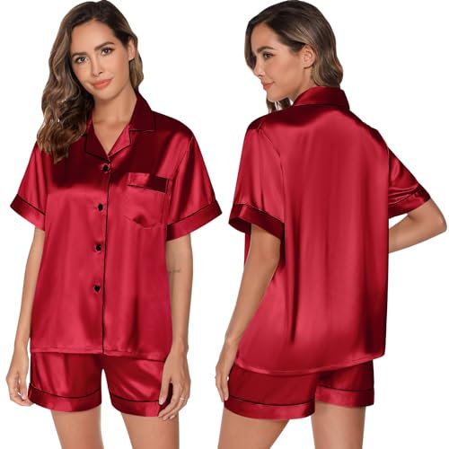 GAESHOW Ensemble de Pyjama Deux pièces en Satin de Soie pour Femme, avec Haut à Manches Courtes et Shorty Silky