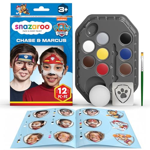 Snazaroo 1172199 Paw Patrol Schminkset Chase & Marshall - 8 Gesichts- und Körperfarben auf Wasserbasis mit Schwamm, Pinsel, Schablone, Anleitung