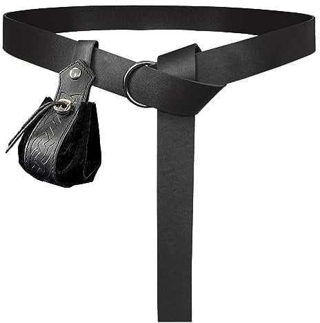 HiiFeuer Mittelalter O-Ring-Gürtel mit Nordischem Retro-Kordelzugbeutel, Renaissance Kunstleder Gürtel und Geldbeutel Set für LARP (Schwarz C)