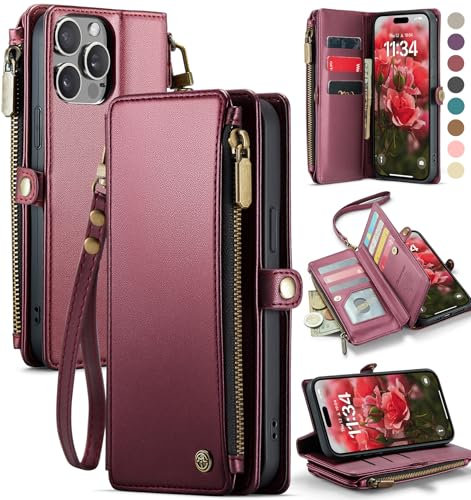 Defencase Compatible with iPhone 15 Pro Max Case Wallet with RFID Blocking Card Holder for Women Men, PU Leather Magnetic Snap Flip Zipper Strap Wallet Phone Case Fit for iPhone 15 Pro Max, Wine Red