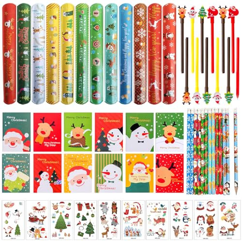 58 Stück Weihnachten Mitgebsel Set, Weinachts Geschenke für Kinder, Weihnachten Schnapparmband Bleistifte und Zufälliger Stil Weihnachts Notizblock, Weihnachten Tattoo, Kinder Geburtstag Mitgebsel