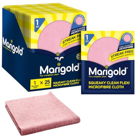 Marigold Squeaky Clean Flexi Microfibre Cloth, Case Pack of 25 Singles, Streak Free Microfibre Cleaning Cloths, Multifunctional Reusable Cloths for All Surfaces, Machine Washable, 32 x 27 cm each