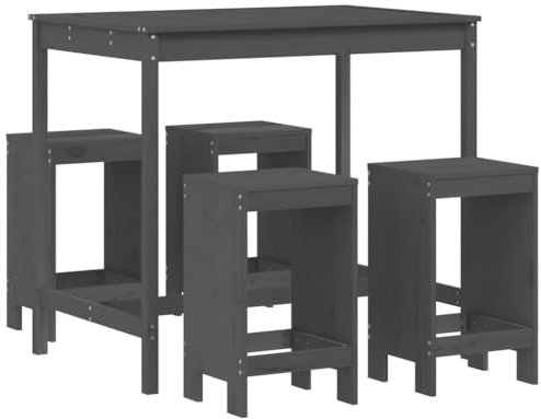 vidaXL Gartenbar Set 5-TLG., Sitzgruppe mit 1 Gartentisch 4 Barhocker, Garnitur für Balkon Terrasse, Outdoor Bar Set Gartenmöbel, Grau Massivholz Kiefer