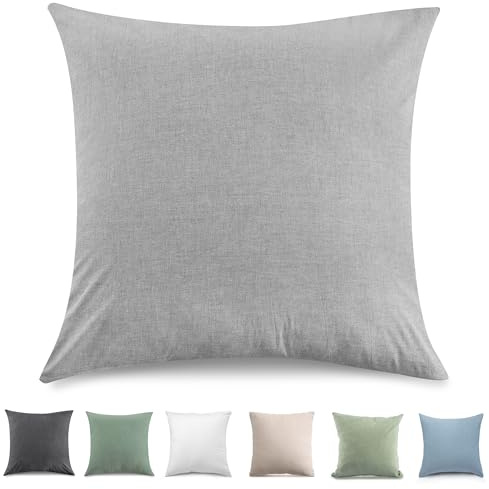 TOCOMOA Kissenbezug 60x60 cm 2er Set, Gewaschene Baumwolle Kissenbezüge | Oeko-TEX Zertifiziert, hautfreundlich weicher und Atmungsaktiv, 100% Baumwolle, Hellgrau, mit Reißverschluss,Heimdekoration