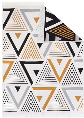 TAPISO Azteca Teppich Kurzflor mit Fransen Baumwolle Creme Grau Orange Schwarz Dreiecke Waschbar Beidseitig Anwendbar Wohnzimmer Schlafzimmer Küche ÖKOTEX 80 x 300 cm