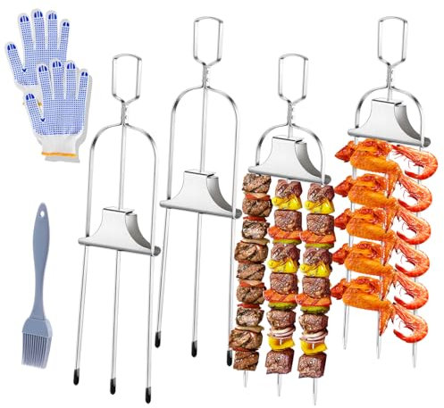 tchrules 4 x Kabob-Spieße zum Grillen, 3 Zinken Edelstahl-Schaschlikspieße, Metall-Grillspieße mit Schiebestange, Spießstäbe für Fleisch, Gemüse, Marshmallows Obst, Grillzubehör