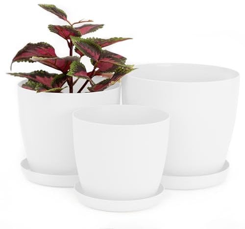 Home Garden Ornaments Vaso per Piante da Interno Bianco Set di 3 Misure 14/16/18 cm - Opaco Vaso da Esterno con Sottovaso Senza Fori di Drenaggio - Vasi per Piante da Esterno (Bianco)