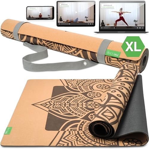 BACKLAXX ® Yogamatte Kork XXL [+50% mehr Fläche] mit Naturkautschuk - Yoga Matte, Yogamatte rutschfest, Fitnessmatte mit Anti-Rutsch-Zonen inkl. Tragegurt (ERLEUCHTUNG - XL)