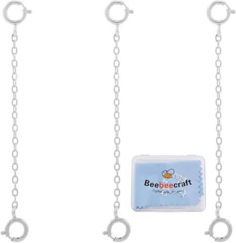 Beebeecraft 3 Pieza de 925 Extensores de Cadena de Joyería con Sello de Plata de Ley Cierres de Resorte Dobles Extensión de Cadena con 1 paños de Pulido de Plata para Collares Pulseras Tobilleras 5.1