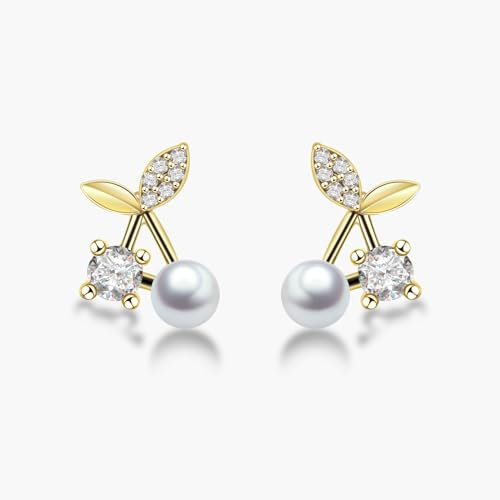 Eslinila 14K Gold Kirsche Ohrstecker Perle Diamant Ohrringe Hypoallergene Minimalistische Schmuck für Frauen