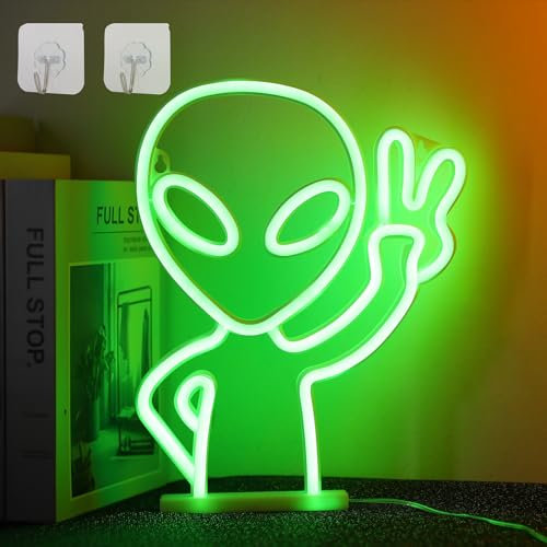 WIOSOUL Alien Neonschild Grüne Alien Neonlichter LED Neonschilder mit 2 Haken USB/3 x AA-betriebene Neon Signs Neonlichtschilder LED Alien Neon Light für Bar Hip Hop Zuhause Party Festival(grün)