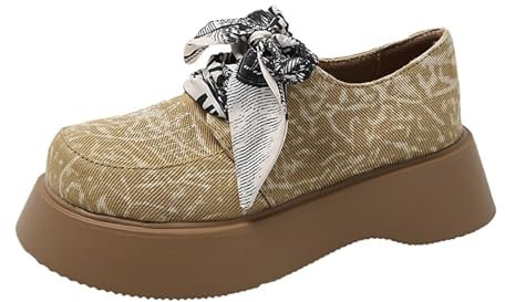 KKvoPiQ Damen Frühling und Denim Loafers mit Dicker Sohle Schnürschuhe Retro Freizeitschuhe Schuhe Sommerkind Damen Winter (Khaki, 36)