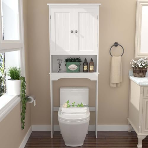Weißer Toilettenschrank mit Türen, freistehender Badezimmerschrank über der Toilette und hoher Badezimmerschrank über der Toilette mit verstellbarem Regal (Stil 1)