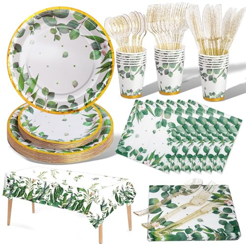 Nkaiso Vert Sauge Assiette Anniversaire 141pcs Party Vaisselle,Kit Vaisselles Anniversaire Assiette Dîner Papier Tasse Serviette etc Enfants Party Fête Mariages Décorations de Fête Thème - 20 invités