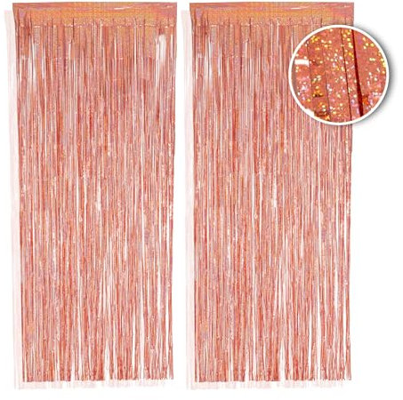 PHENO FLAGS 2 Stück Rosegold Lametta Vorhang, 1x2,5m - Glitzernde Silvester-Deko im Funkelnden Metallic-Look, Lametta Girlande für Ihre Party