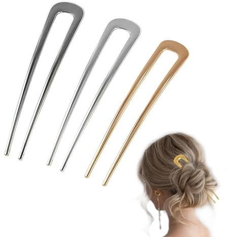 3 Piece French Hair Pins for Women, Metal Hair Fork for Updos, Chignon | Buns & Twist Hairstyles, Elegant Hair Accessories with Secure Hold, Gold Hematite Silver