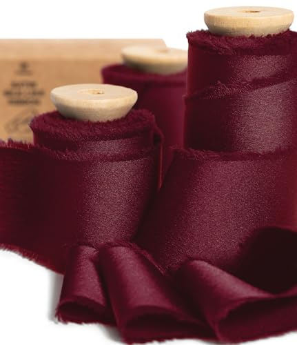 Vitalizart Ribbons for Gift Wrapping Burgundy 1.5'' x 15 Yard | Silky Satin Fabric with Wooden Spool, Handmade Fringe Ribbons for Decorations, Crafts, Wedding Bridal Bouquets 3 Rolls x 5 Yd