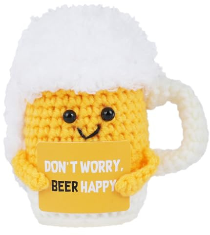 AUAUY Funny Positive Beer Mug Gifts, Good Luck Crochet Gifts | Mini Knitted Doll with Inspirational Card, Emotional Support Crochet Gift, Cute Stuff for Bestie Friends, Sister, Student