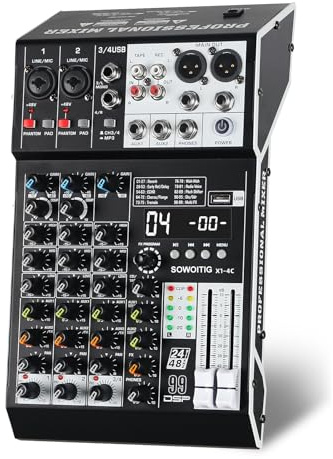 SOWOITIG Audio Mixer 4 Channel Professional Sound Mixer Console with 99DSP Effects, Small Mixing Board DJ Mixer w/USB, Bluetooth, 48V Power Supply, PAD Button for Recording Karaoke PA Drum Live Music