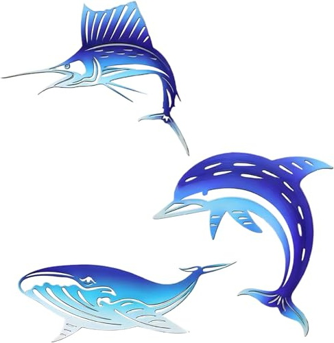 Odoukey Juego de Arte de Pared de Metal para Exteriores, 3 uds., Bonita Ballena, atún, decoración de Delfines, Arte de Delfines montado en la Pared para el hogar, Piscina, Valla, Patio, Oficina