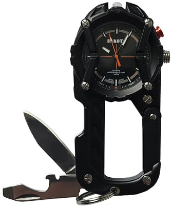 Dakota Multitool Clip Watch for Men – 100ft Water Resistant Clip-On Watch with LED Light, Bottle Opener, Screwdriver & Carabiner – Outdoor Work, Camping, Hiking Tool, Black
