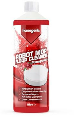HomeGenie - Floor Cleaner for Robot Mops 1L, Pomegranate Scent - Low Foaming, Multi-Surface, Removes 99.9% of Bacteria, Compatible with Robot & Spray Mops