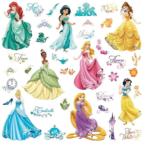 Roommates 21990 - Disney Prinzessinnen Wandtattoos/Sticker mit Glitzer, geblistert, 4 Blätter, 37 Elemente