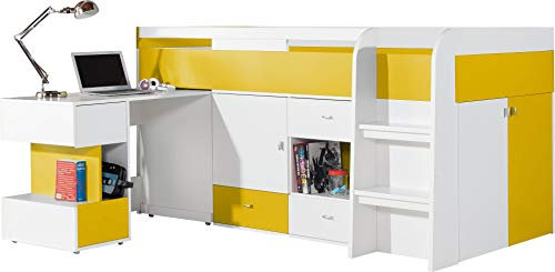 FurnitureByJDM Hochbett, Zusammensetzung MOBI System 21 Kinder Möbel-Set. Hochbett mit Schubladen und Regalen Plus Schreibtisch (Ohne Matratze). (Weiß/Gelb)