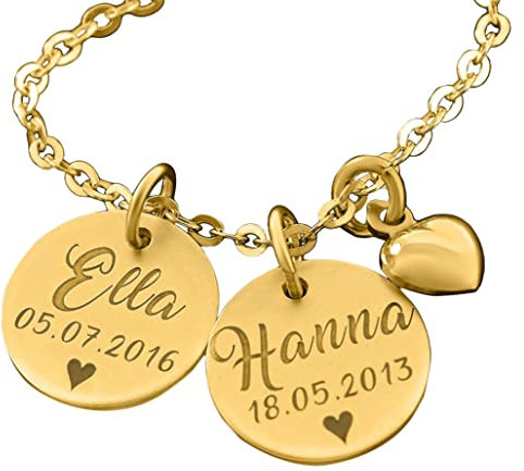 Namenskette gold zur Geburt Kette Zwillinge vergoldete 925 Silberkette Gravur Collier mit Kindernamen Herz Geburtsdaten Schmuck für Mama Goldkette Oma Muttertag Geschenk