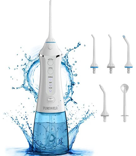 TUREWELL FC1591 Irrigadores Bucales,Irrigador Dental Portatil con 5 Boquillas 3 Modos,IPX7 Impermeable,USB Recargable para Limpieza Dental, 300ML Irrigador Oral de Familia y Viajar Weiß